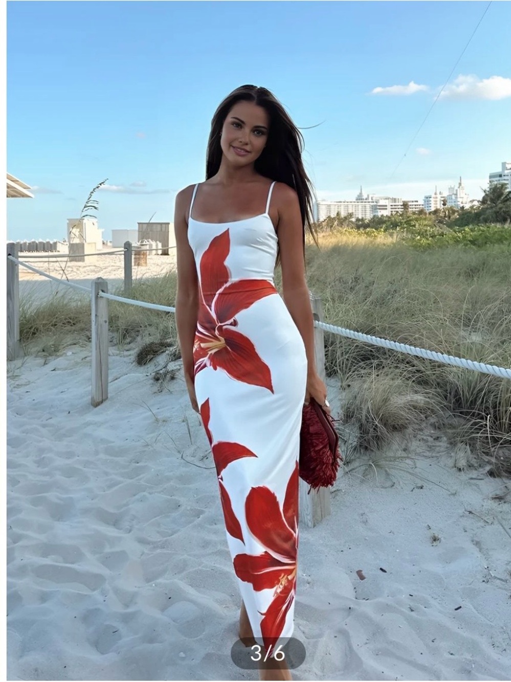 Commense White Maxi Dress with Red Floral Design
